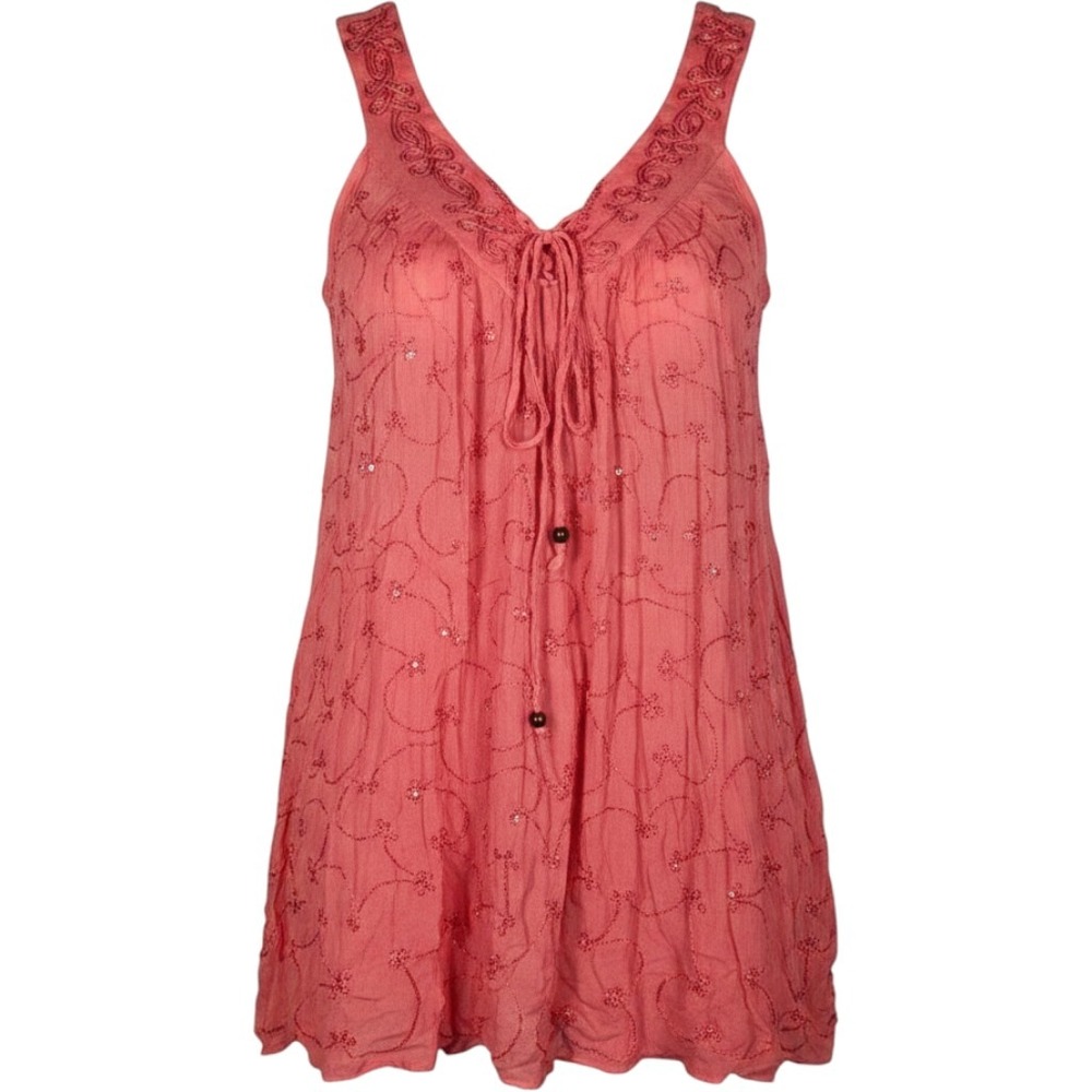 Embroidered Boho Peasant Tank Top 1X Coral Rayon Beaded Flowy‎ Tunic Coverup